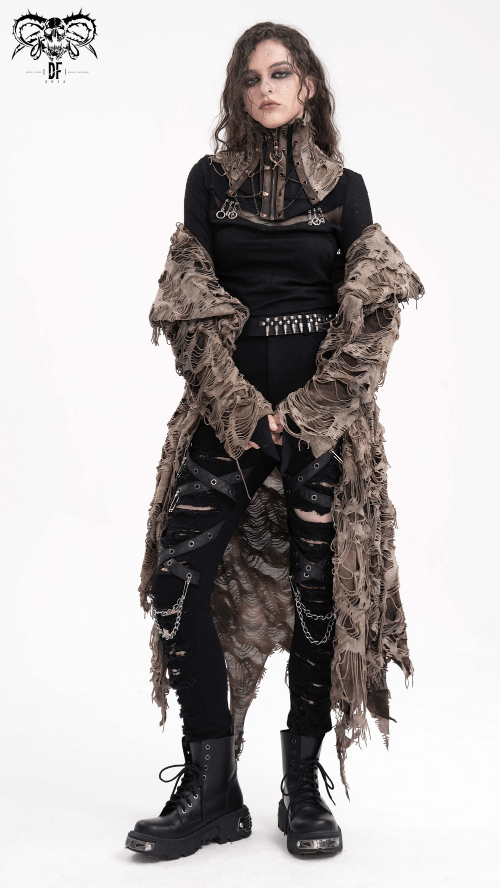 Model showcasing a gothic corset neckwear with chains, styled in distressed clothing and bold accessories, exuding edgy flair.