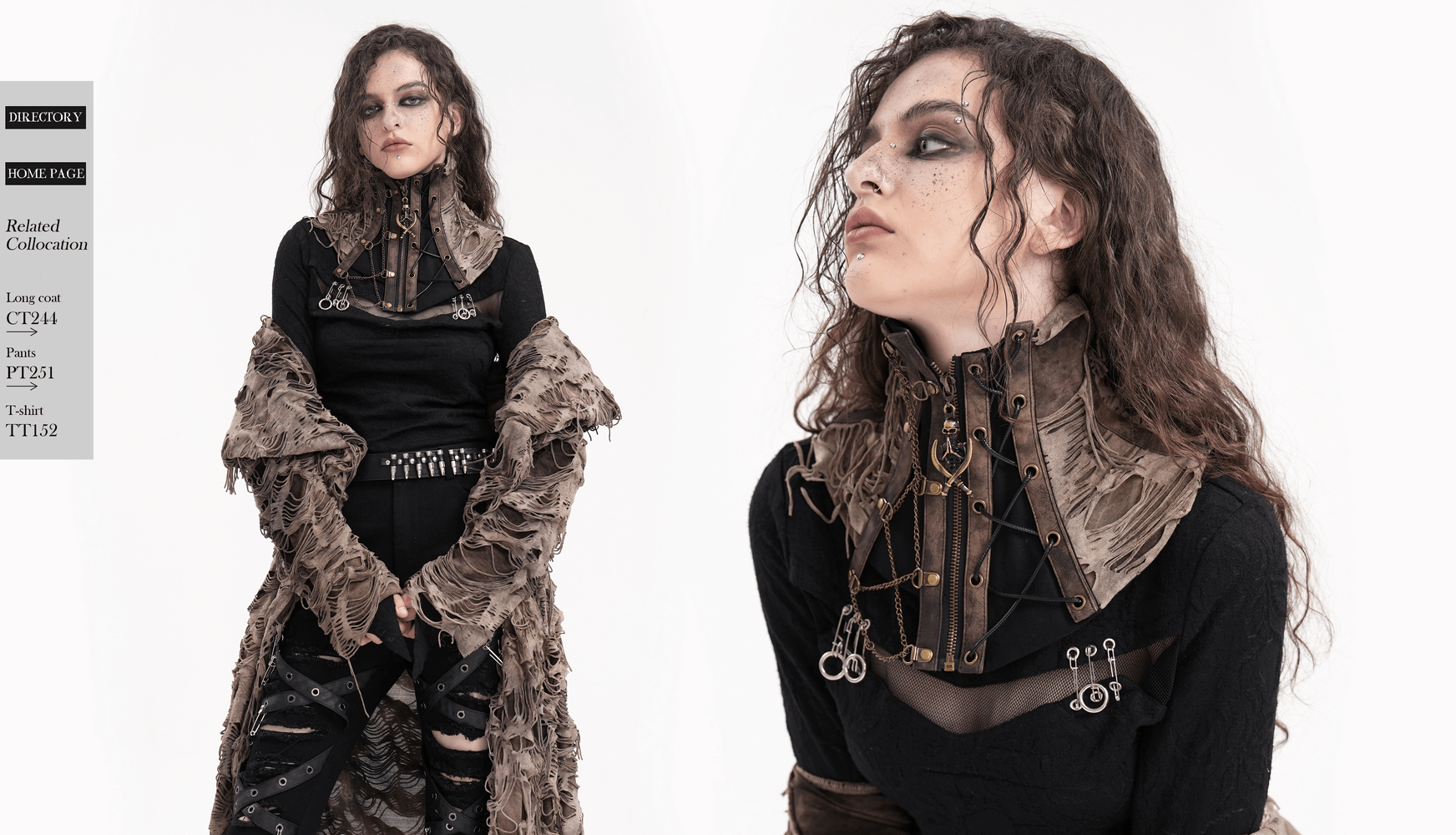 Gothic corset neckwear with chains and distressed design worn by model, showcasing edgy vintage style for alternative fashion.