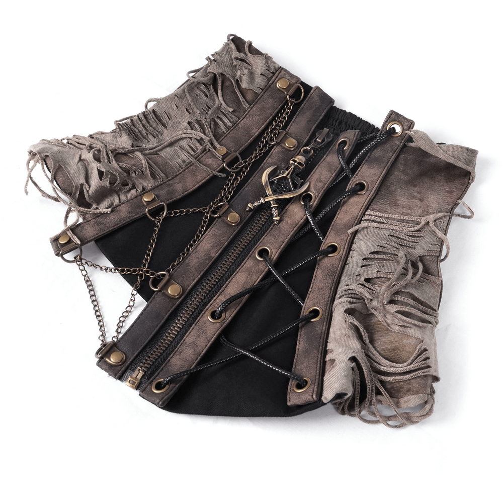 Gothic corset neckwear with distressed faux leather, chains, and lace-up details, perfect for alternative fashion.