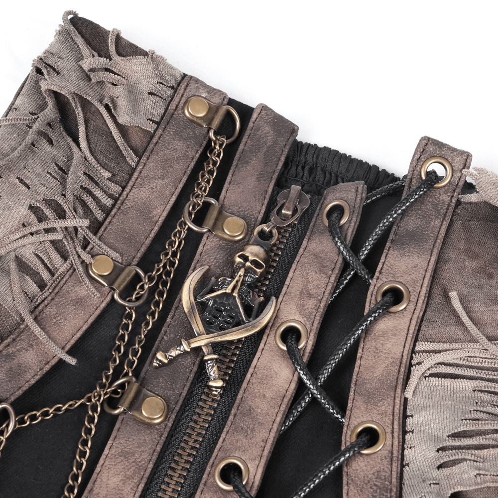 Close-up of distressed gothic corset collar with chains, lace-up details, and skull embellishment. Perfect for alternative fashion.