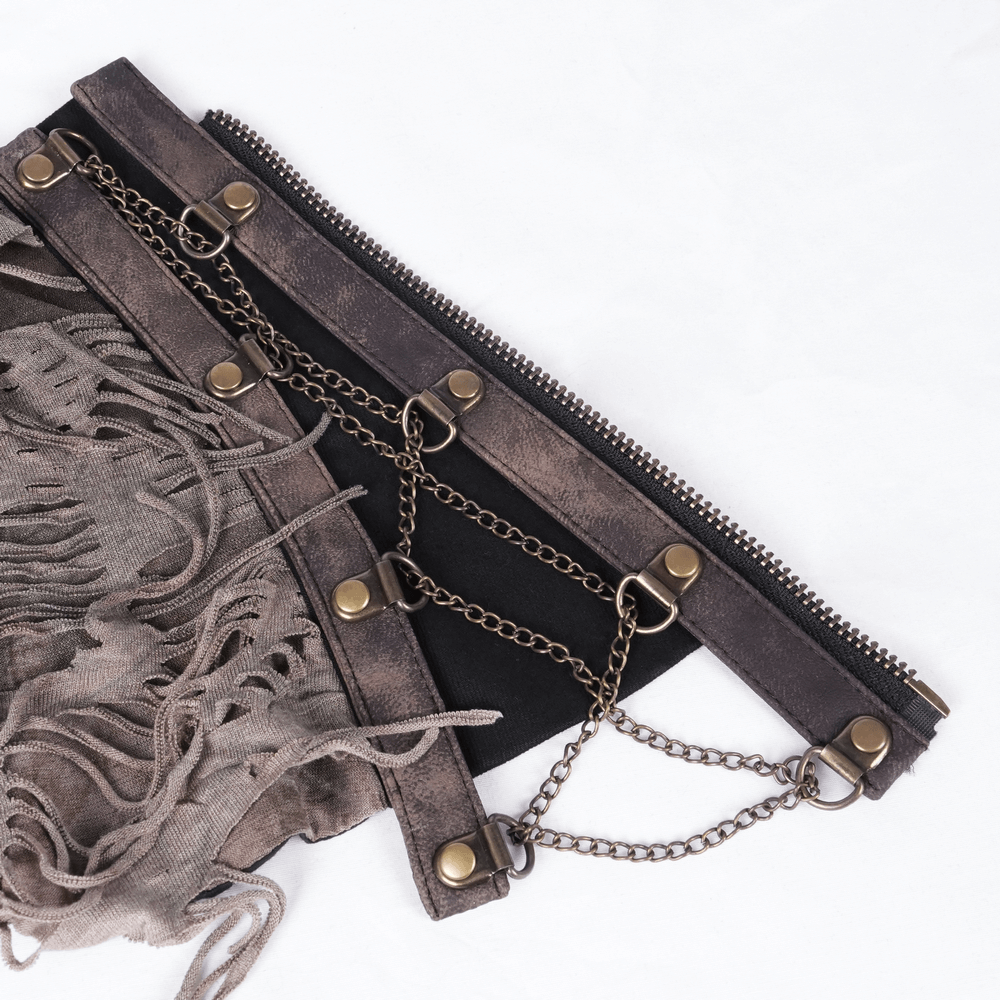 Distressed corset neckwear with chains and zipper detail, perfect for gothic and alternative fashion lovers.