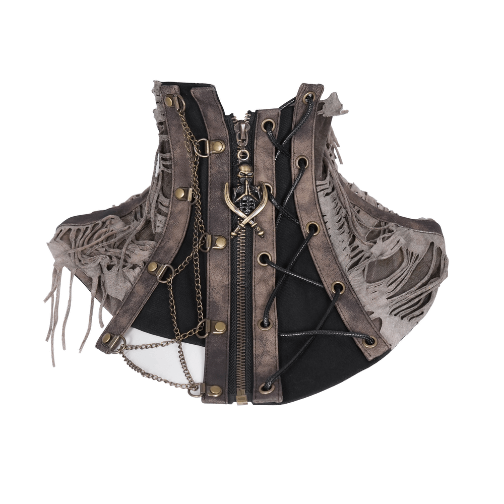 Gothic corset neckwear with chains, distressed faux leather, and lace-up front, perfect for edgy fashion looks.