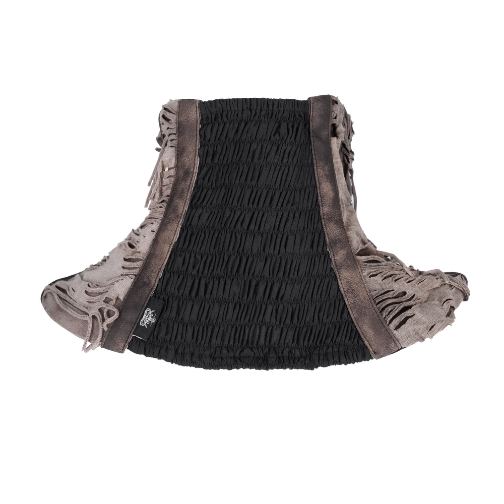 Gothic corset neckwear with distressed design and fringe, perfect for alternative fashion and cosplay.