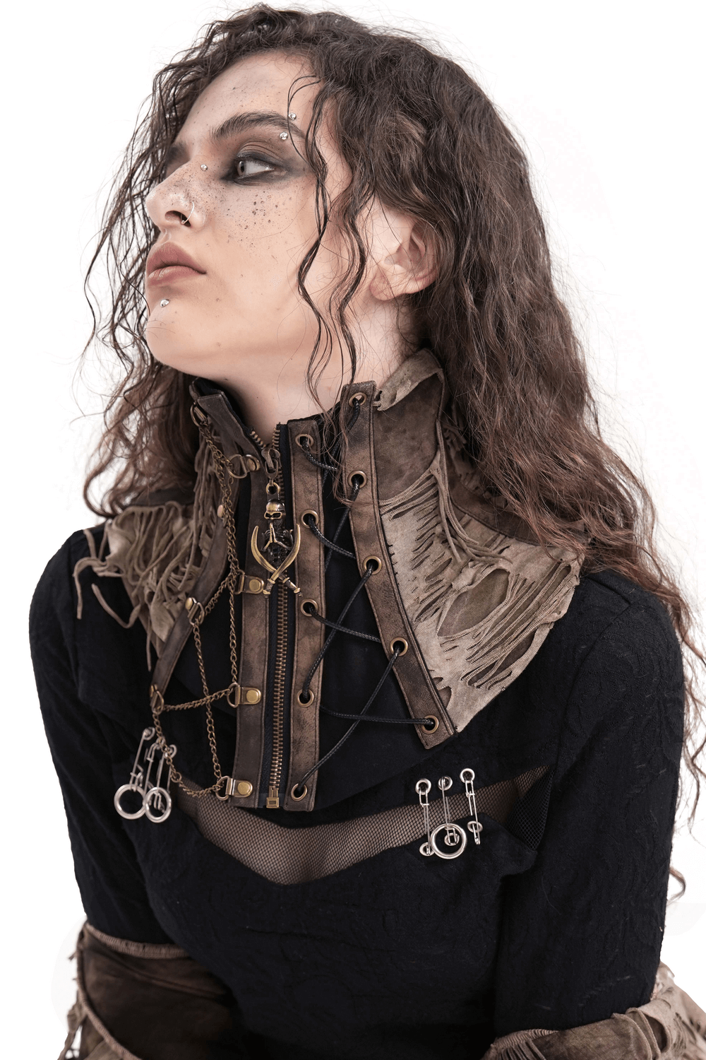 Model showcasing a gothic corset collar with chains, lace details, and distressed design for edgy fashion looks.