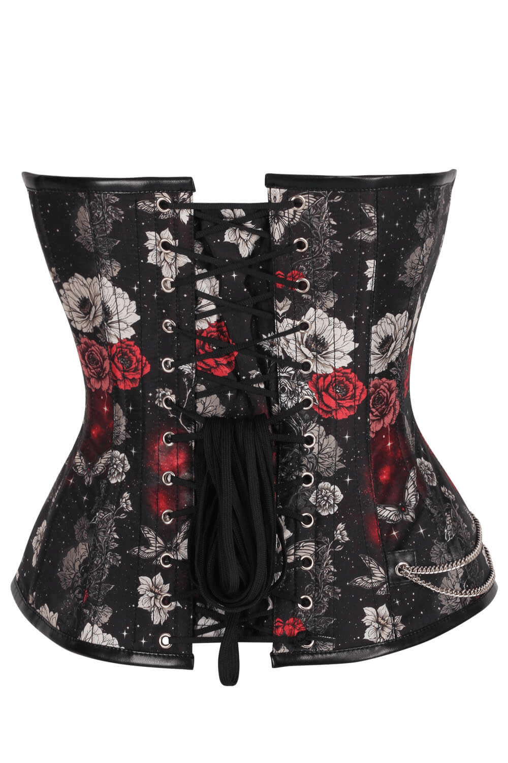 Alt Tag: Cosmic Gothic Overbust Corset with Zipper and Back Lacing featuring black floral print, front zipper closure, and back lacing