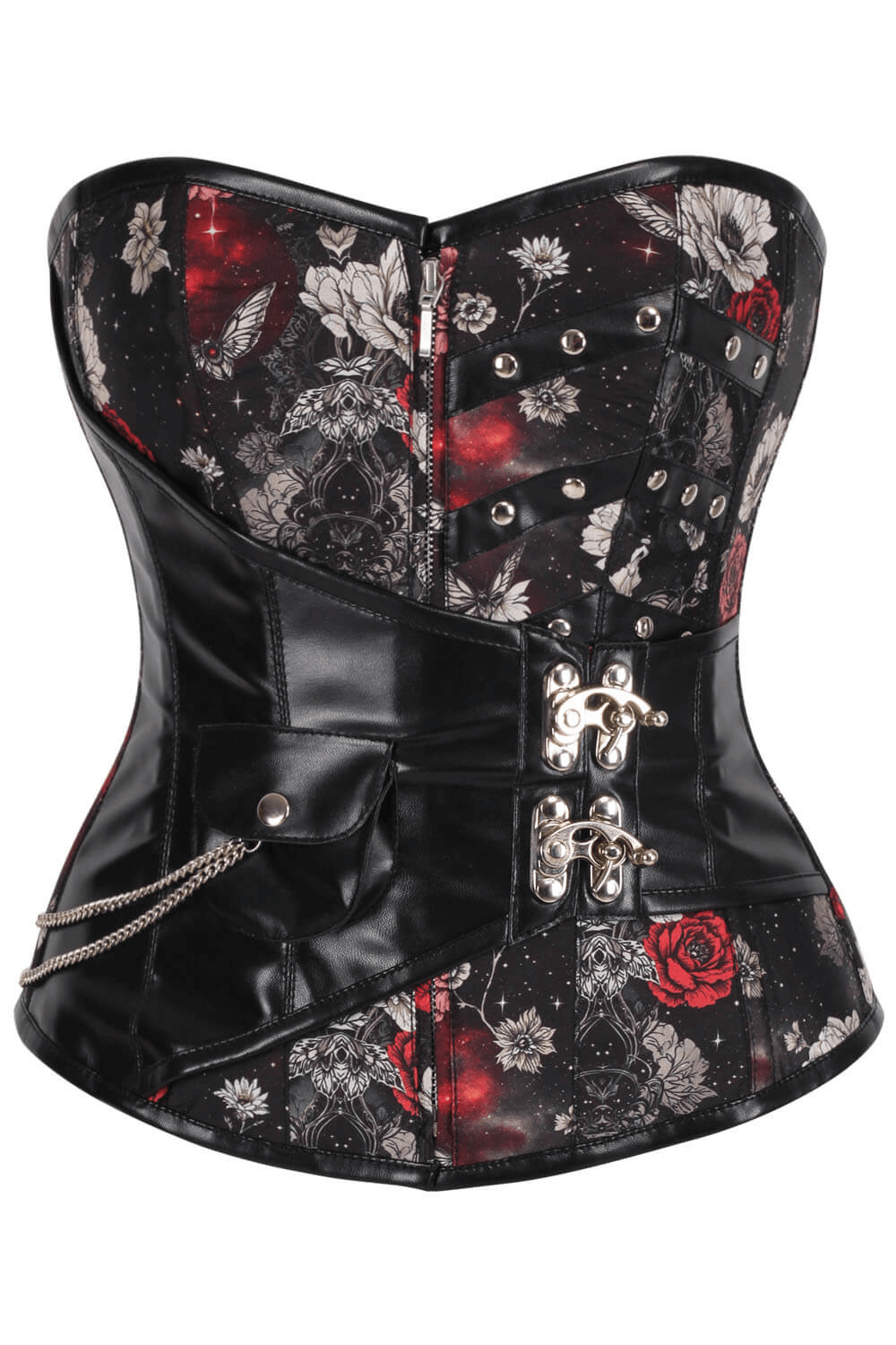 Alt Tag: Cosmic Gothic Overbust Corset with Zipper and Back Lacing black floral red rose print corset with front zipper, buckles, and chain detail