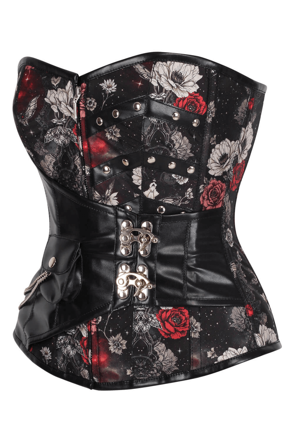 Alt Tag: Cosmic Gothic Overbust Corset with Zipper and Back Lacing black floral rose print corset with silver zipper, buckles, and lacing