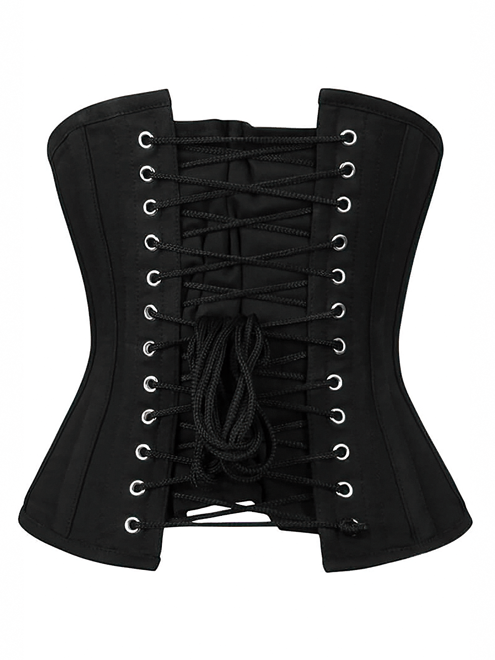 Black cotton waist shaper corset with front zipper and lace-ups for a stylish silhouette and snug fit.