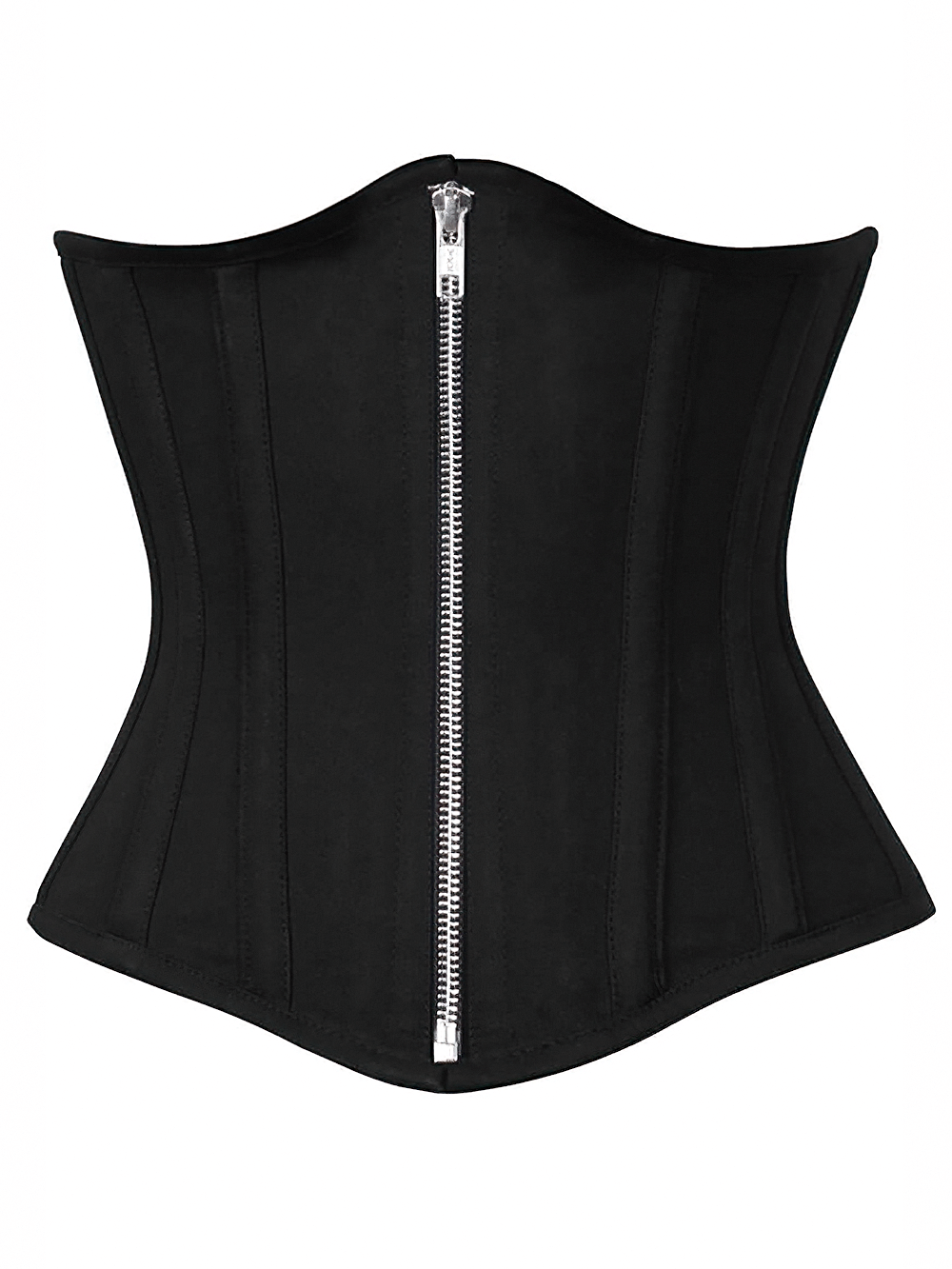 Black cotton waist shaper corset with front zipper and structured design for women's fashion.