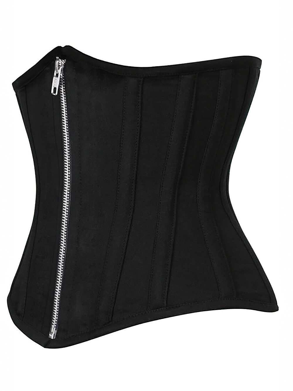 Black cotton waist shaper corset with front zipper for women, featuring supportive steel bones and sleek design.