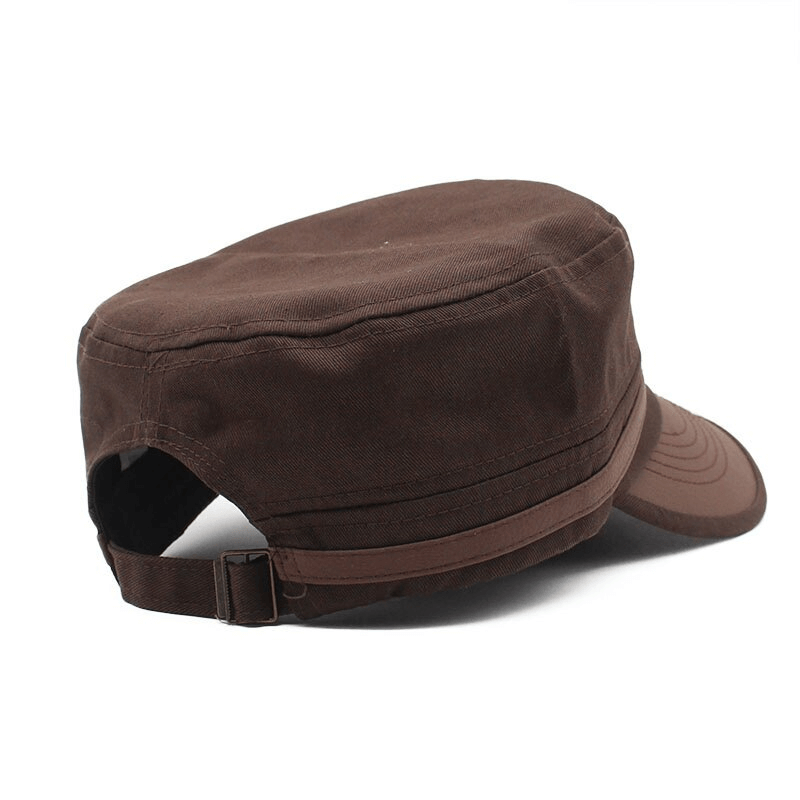 Brown adjustable flat top military hat for men and women, stylish sun cap with silver rivet detail.