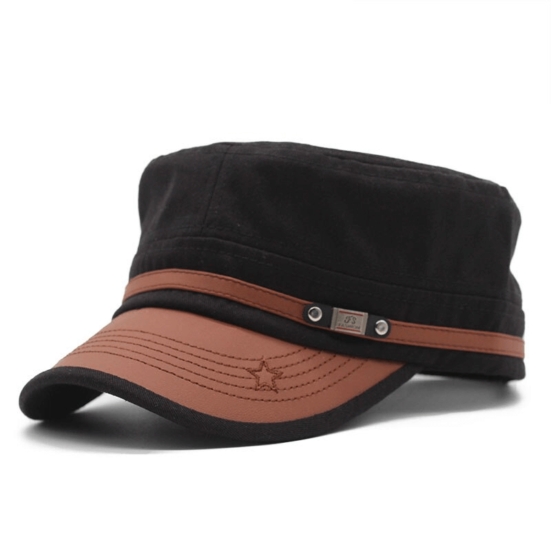 Trendy adjustable military-style cotton hat for men and women, featuring a brown leather band and silver rivet detailing.