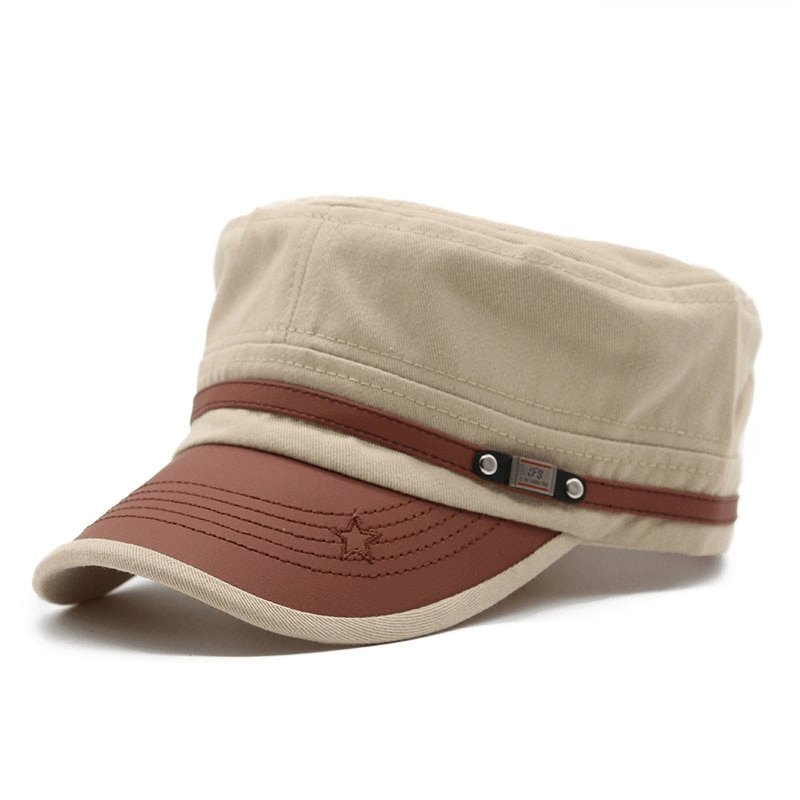 Trendy beige and brown adjustable military-style hat for men and women, featuring silver rivet decoration.