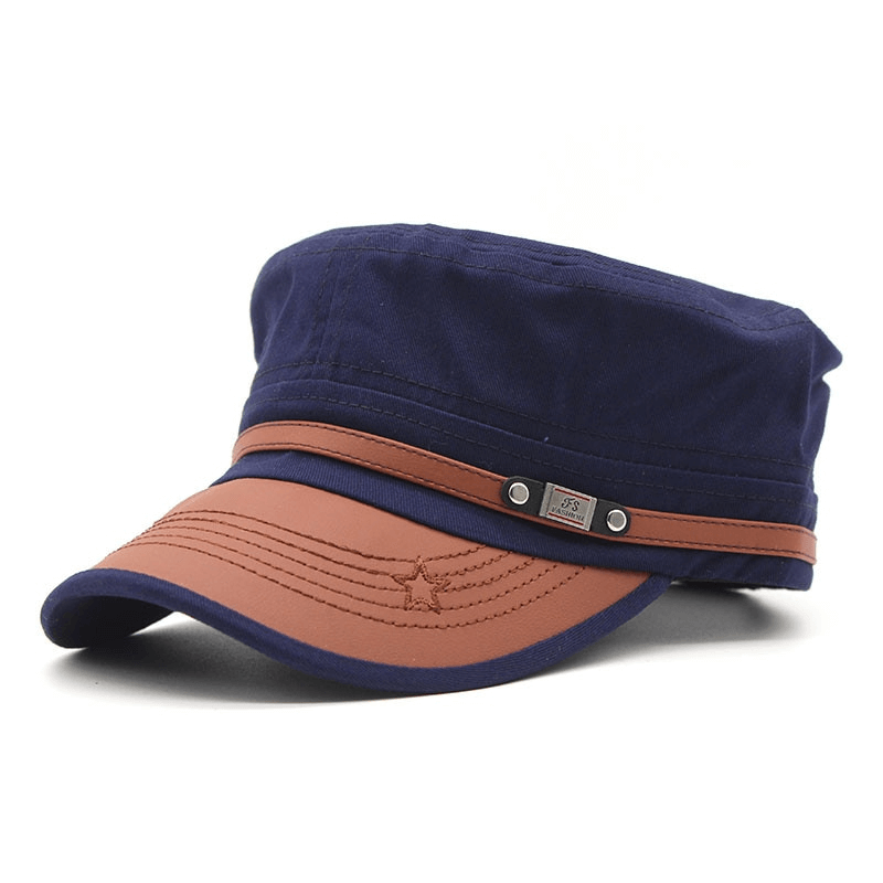 Adjustable cotton military hat in navy blue and brown with silver rivet, suitable for men and women, stylish sun accessory.