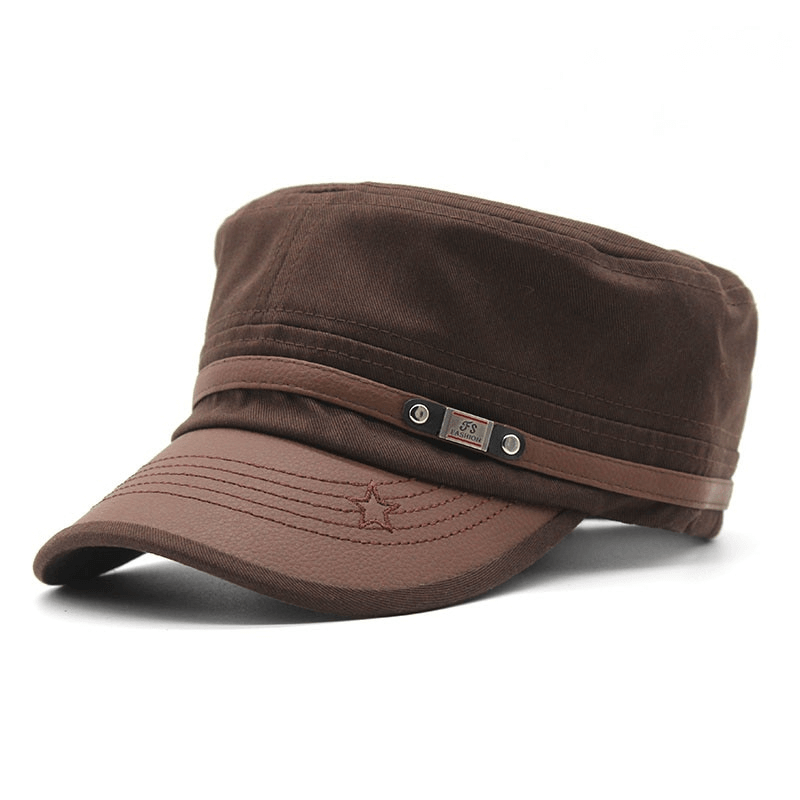 Stylish brown adjustable military-style hat with silver rivet, perfect for men and women, ideal for sunny days.