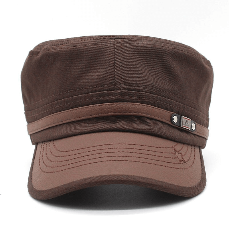 Brown cotton military hat with silver rivet detail, perfect for men and women, adjustable flat top army cap.