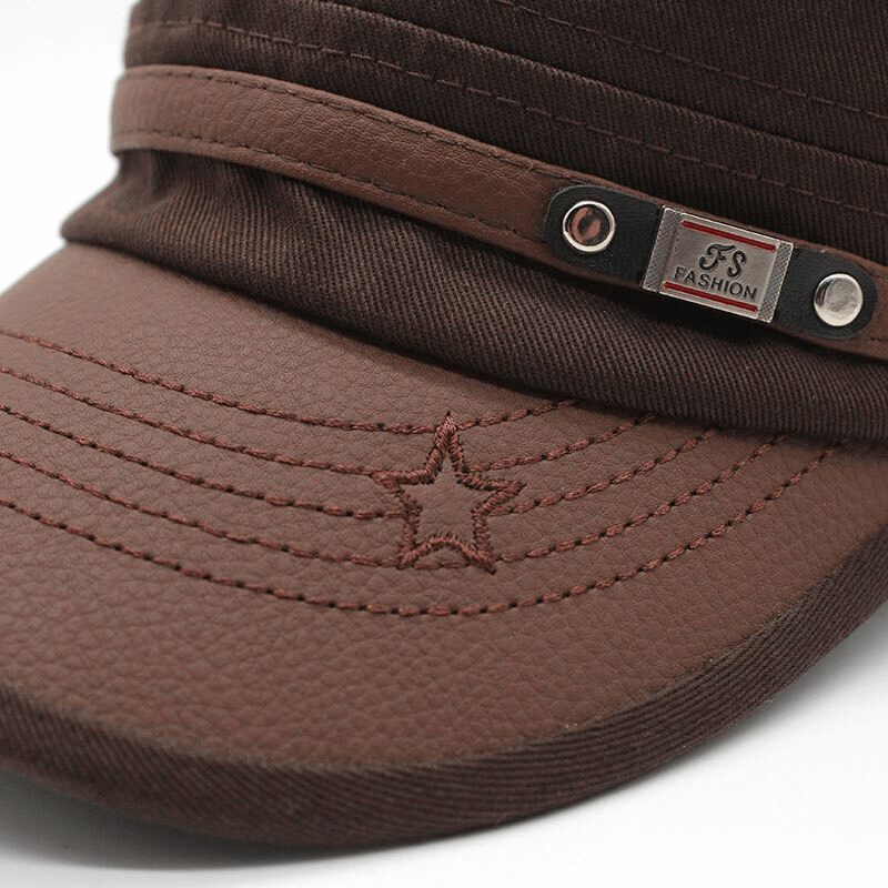 Close-up of trendy brown cotton military hat featuring a silver rivet and star embroidery, stylish accessory for men and women.