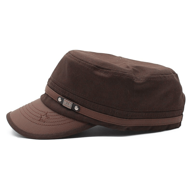 Brown adjustable cotton military hat for men and women, featuring a stylish flat top and silver rivet decoration.