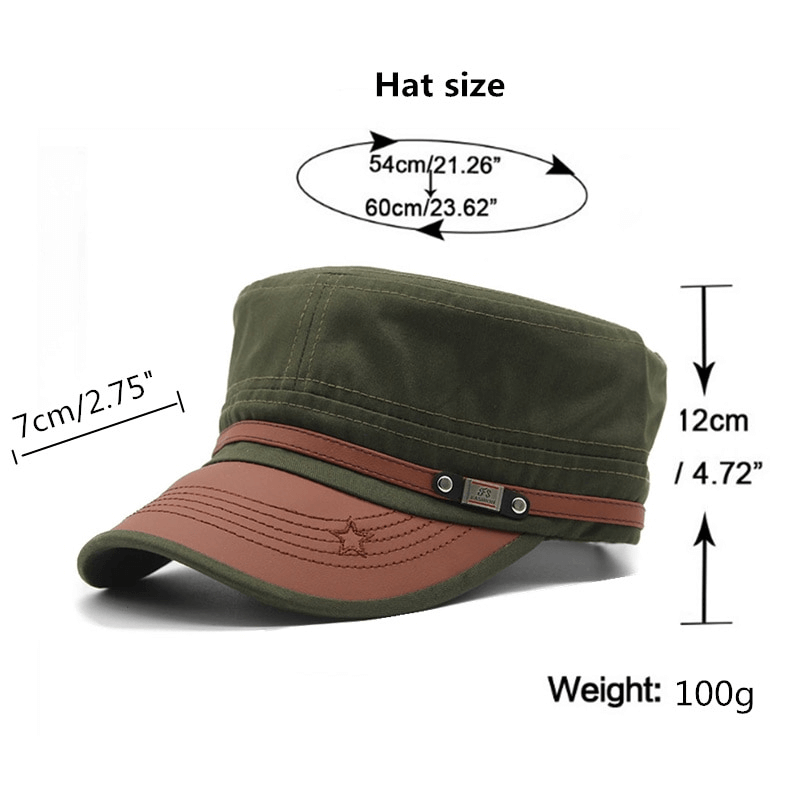 Adjustable olive green military hat with size and weight details for stylish sun protection.