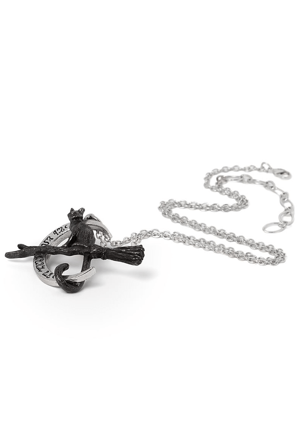 Covenorum Cat Pendant with Crescent Moon and Broomstick featuring a black cat on a broomstick with arcane symbols.
