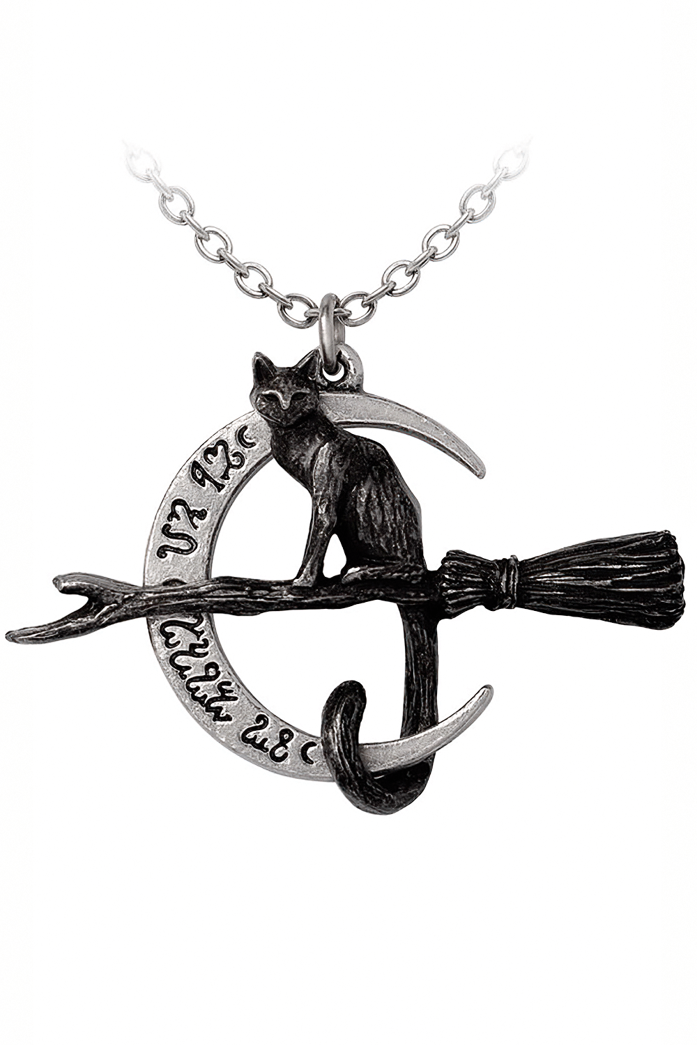 Covenorum Cat Pendant with Crescent Moon and Broomstick featuring a black cat on a broomstick and a crescent moon.