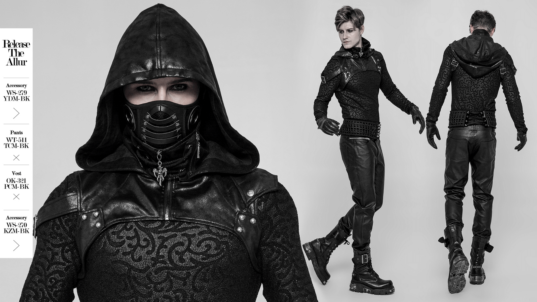 Edgy punk hooded accessory with crack skin texture and tie rope, showcasing unique patch details.