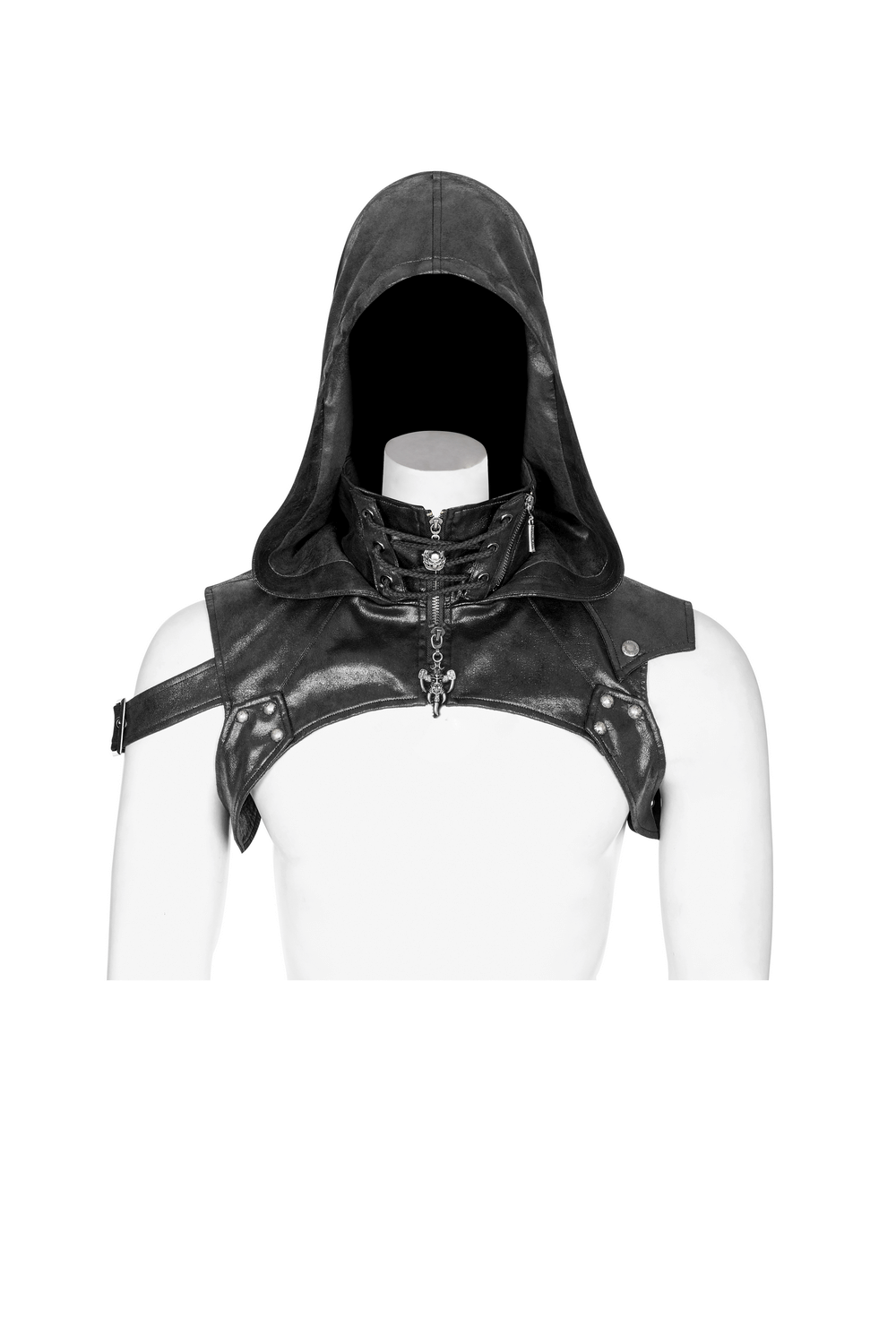 Edgy crack skin stitched punk hood accessory with tie rope and unique patch detail for custom fit.