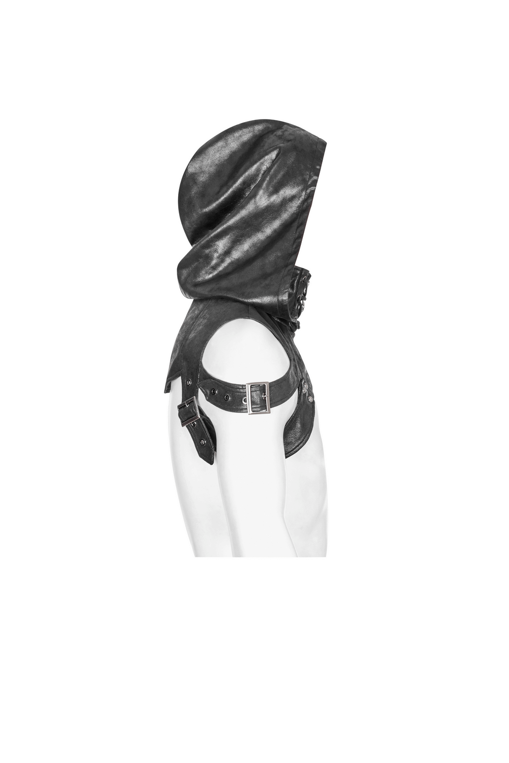 Edgy cracked skin punk hood with adjustable tie rope and patch detail, showcasing a bold and rugged accessory.