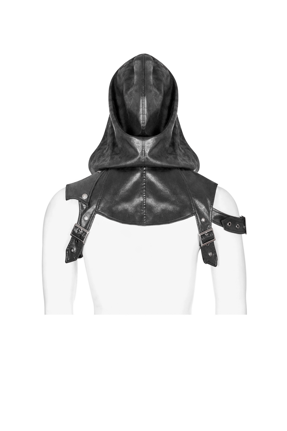 Punk hooded accessory with crack skin fabric and adjustable straps, perfect for an edgy look.