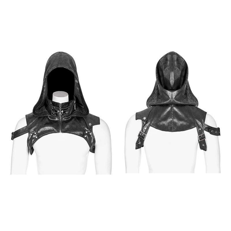 Edgy punk hood with cracked leather stitching and adjustable straps for a unique, bold look.