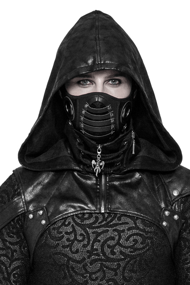 Bold punk hooded accessory with stitched fabric and decorative mask, showcasing edgy fashion style.
