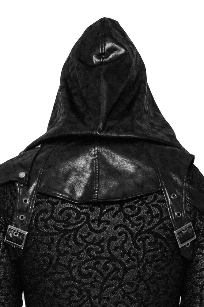 Back view of a black punk hood with textured fabric and shoulder straps, showcasing edgy design details.