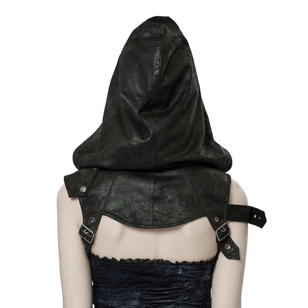 Back view of a cracked faux leather gothic hood showcasing riveted design and adjustable strap.