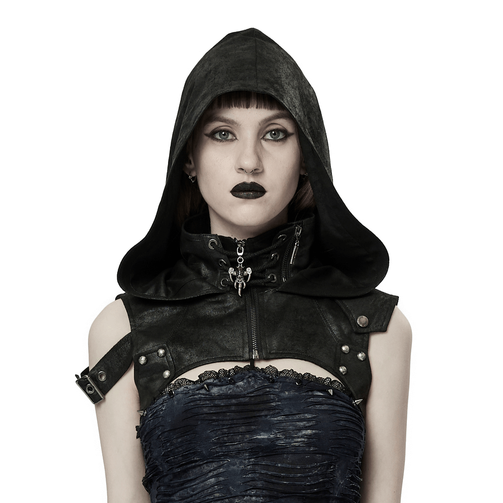 Gothic hooded harness in cracked faux leather with skull pendant, featuring rivets and a stylish front zipper.