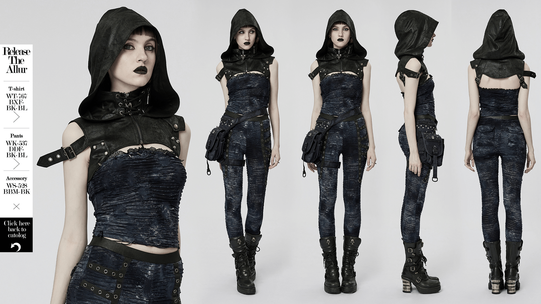 Gothic model in cracked faux leather hood and harness, showcasing edgy style with a pentagonal skull pendant.