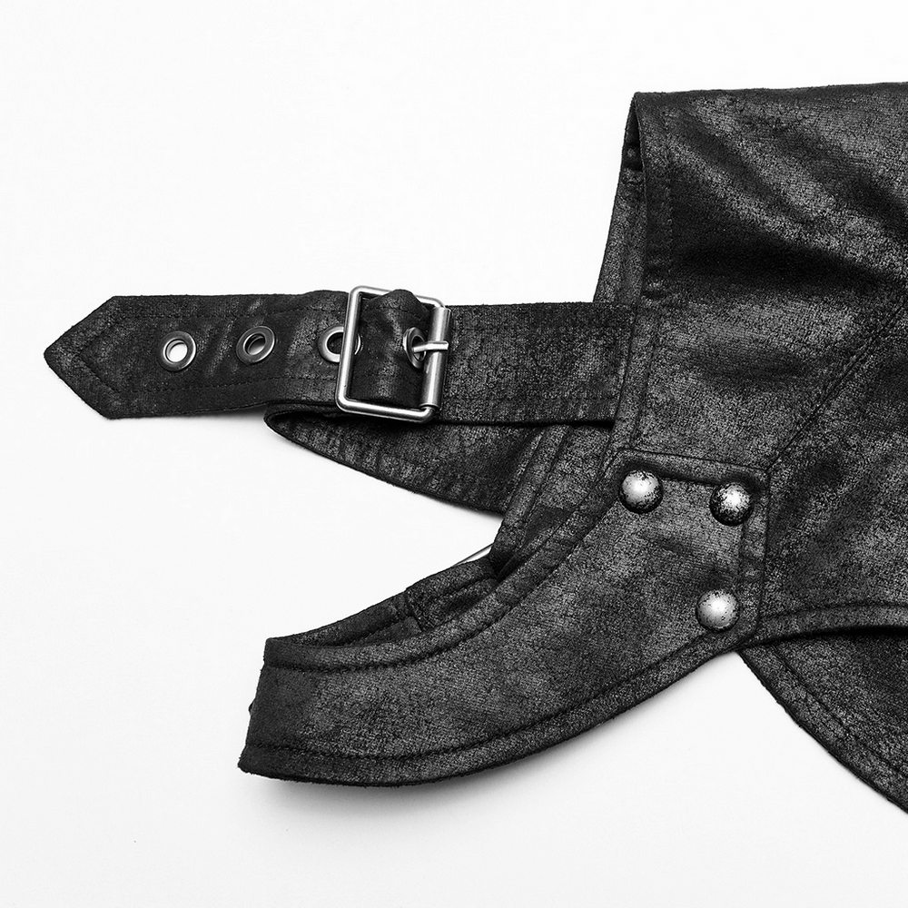 Detail view of rugged cracked faux leather harness with metal rivets and adjustable buckle for gothic style.