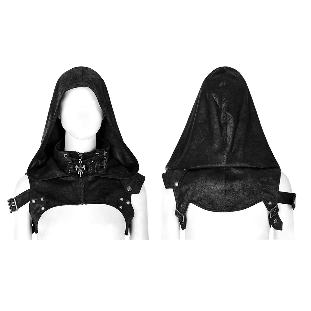Cracked faux leather Gothic hood harness with rivets, front zipper, and skull pendant for an edgy style.