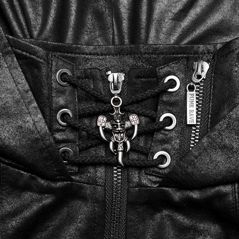 Close-up of gothic hood harness featuring skull pendant, zipper, and lace detailing in cracked faux leather.