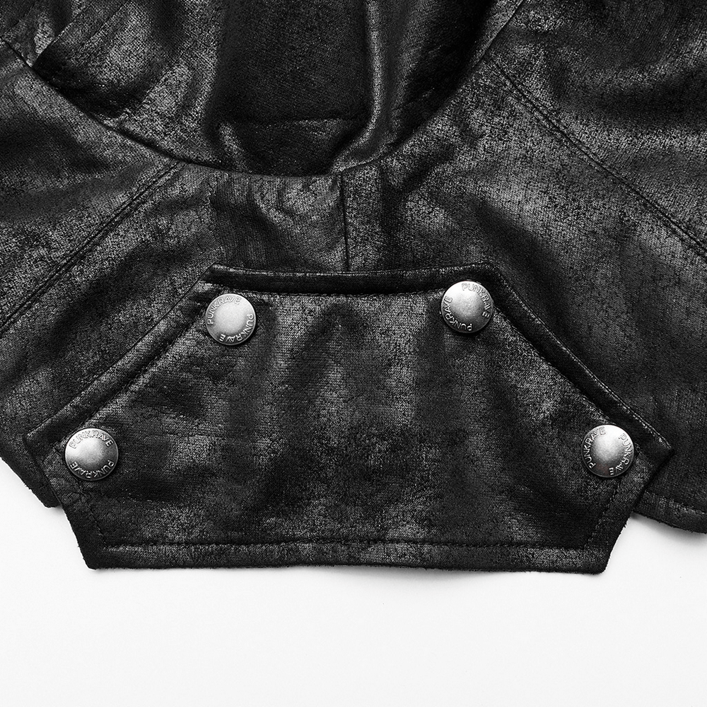 Close-up of cracked faux leather detail with rivets on Gothic hooded harness.