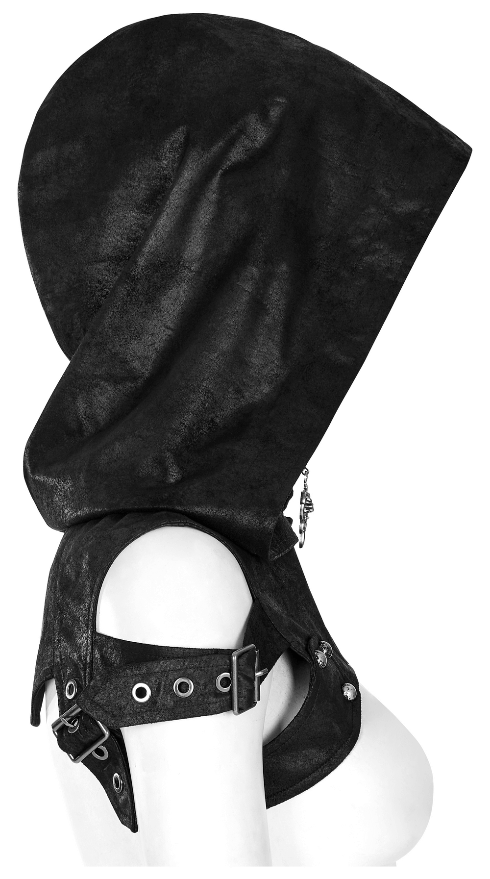 Stylish cracked faux leather Gothic hood with skull pendant and riveted shoulder harness.