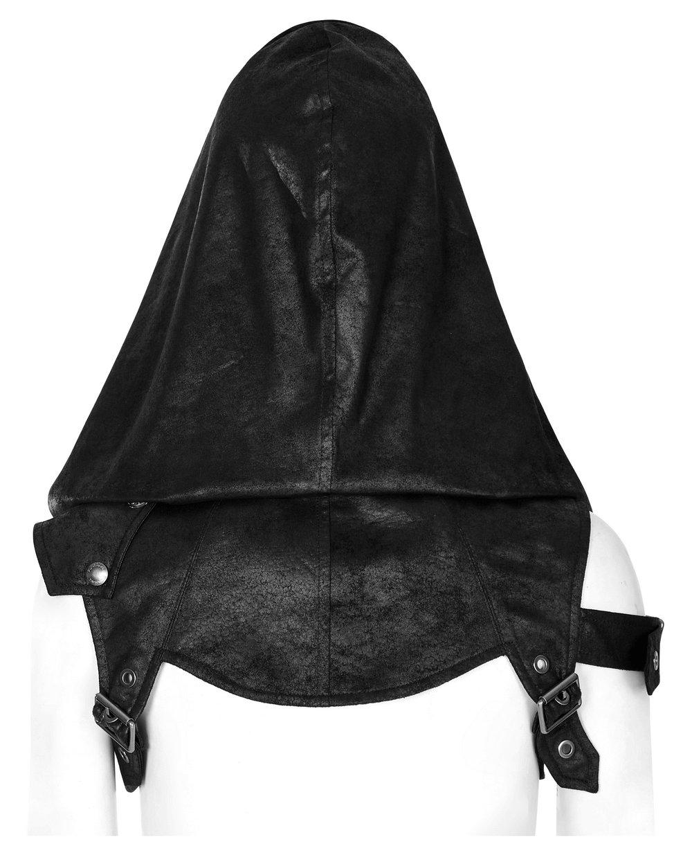 Back view of a rugged cracked faux leather Gothic hooded harness with adjustable straps and a dramatic hood.