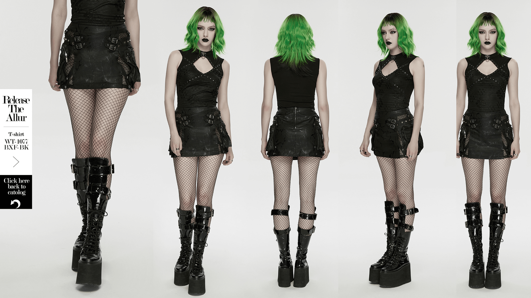 Cracked Leather Punk Mini Skirt with Buckles and Bags worn with fishnets and platform boots, showcasing a bold punk style.
