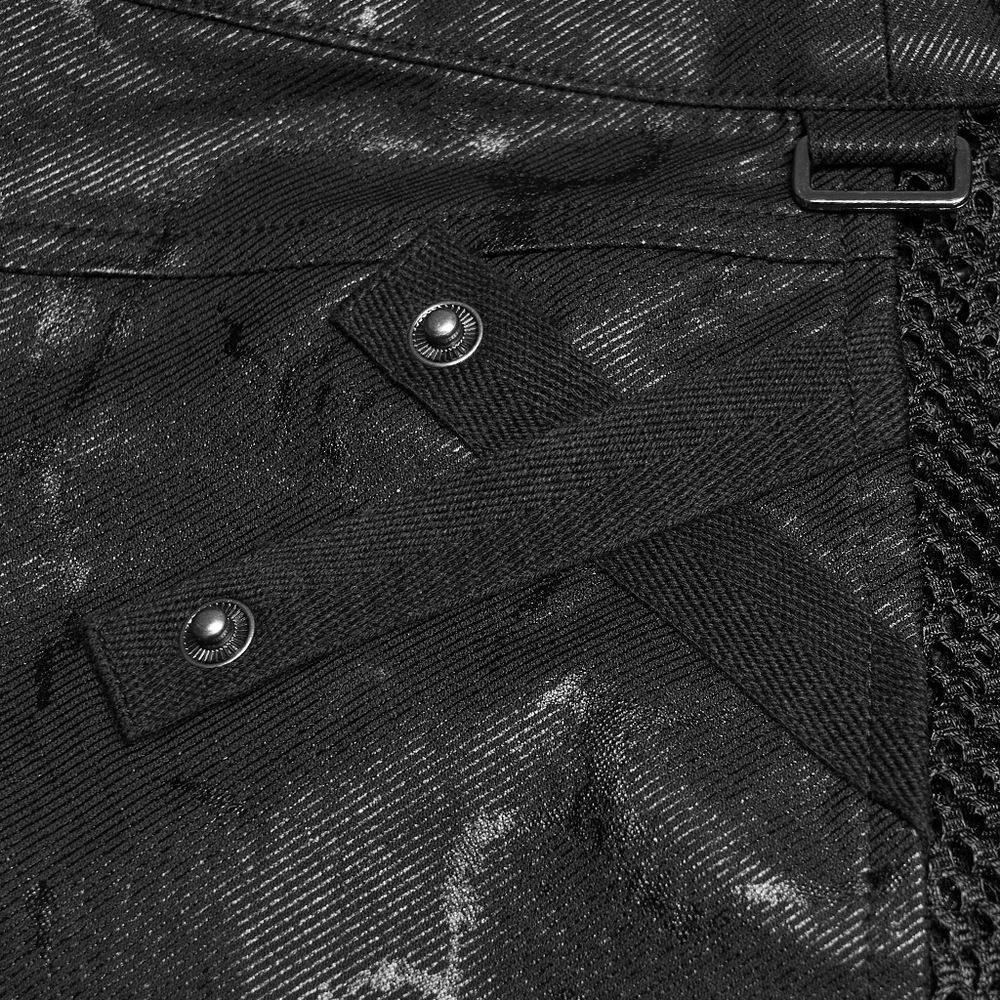 Close-up of the details on the Cracked Leather Punk Mini Skirt with Buckles and Bags showcasing the buckles and mesh fabric.