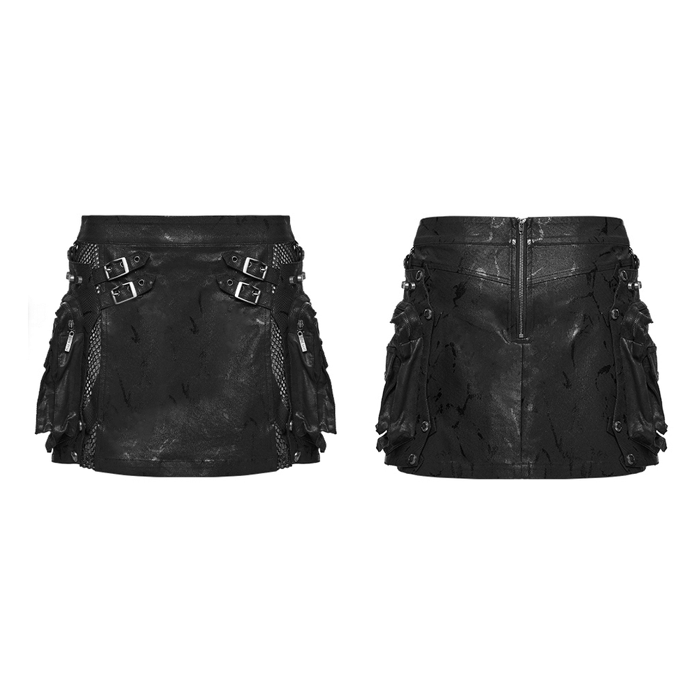 Cracked Leather Punk Mini Skirt with Buckles and Bags featuring detachable utility pouches and stylish buckle details.