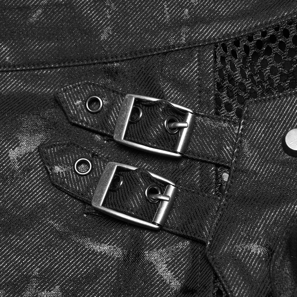 Close-up of buckles on the Cracked Leather Punk Mini Skirt with Buckles and Bags, showcasing edgy design details.