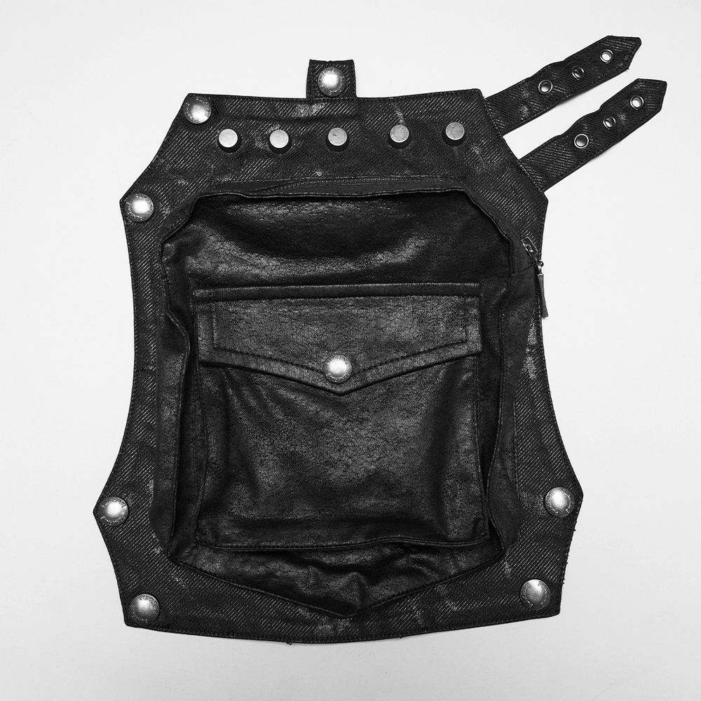 Cracked Leather Punk Mini Skirt with Buckles and Bags detachable utility pouch in black with silver studs.