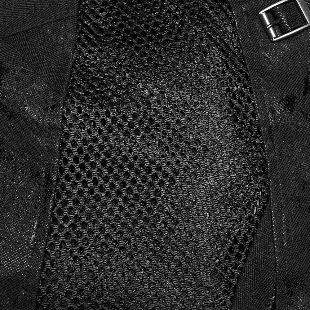 Close-up of the fabric detailing on the Cracked Leather Punk Mini Skirt with Buckles and Bags, featuring mesh and leather textures.