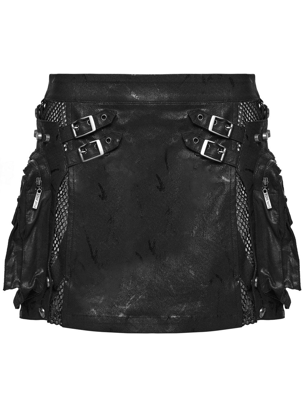 Cracked Leather Punk Mini Skirt with Buckles and Bags displaying buckles and detachable utility pouches.