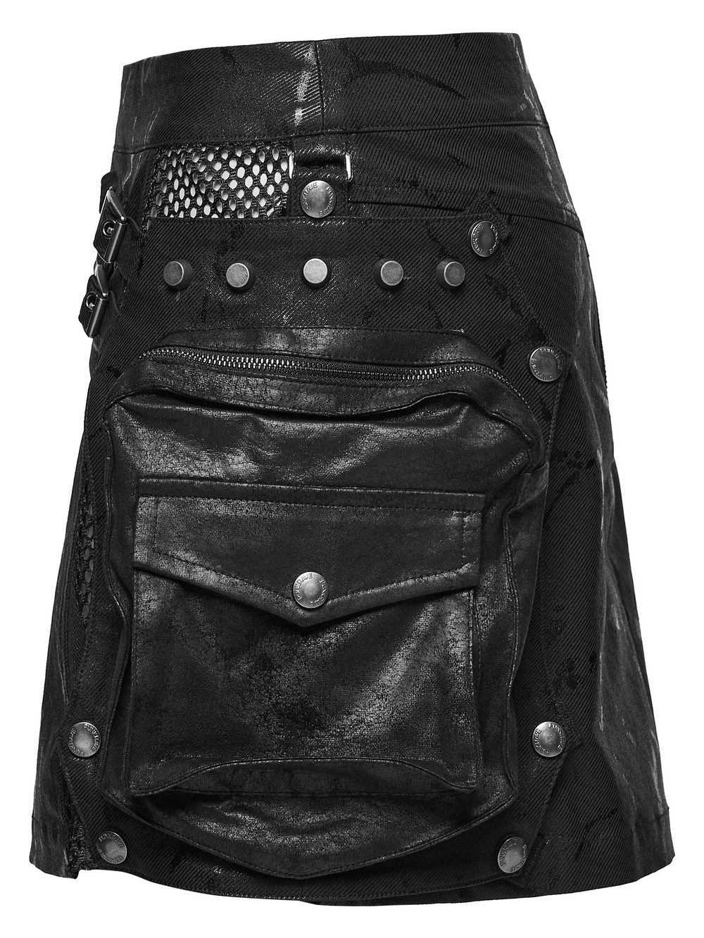 Cracked Leather Punk Mini Skirt with Buckles and Bags featuring removable side pouches and bold rock-punk details.
