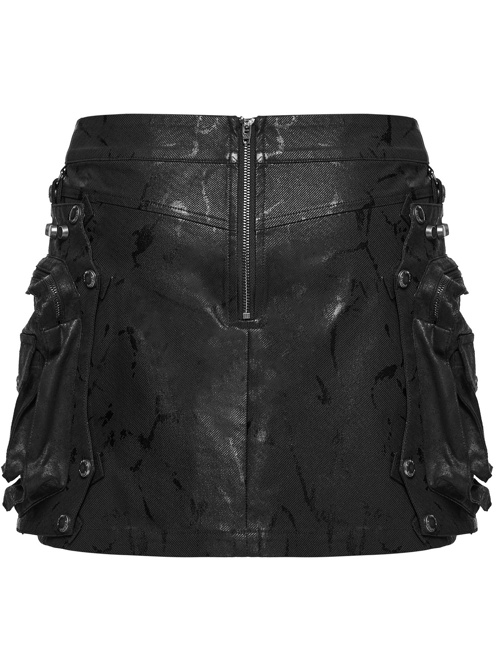 Cracked Leather Punk Mini Skirt with Buckles and Bags featuring a back zipper and detachable side pouches.